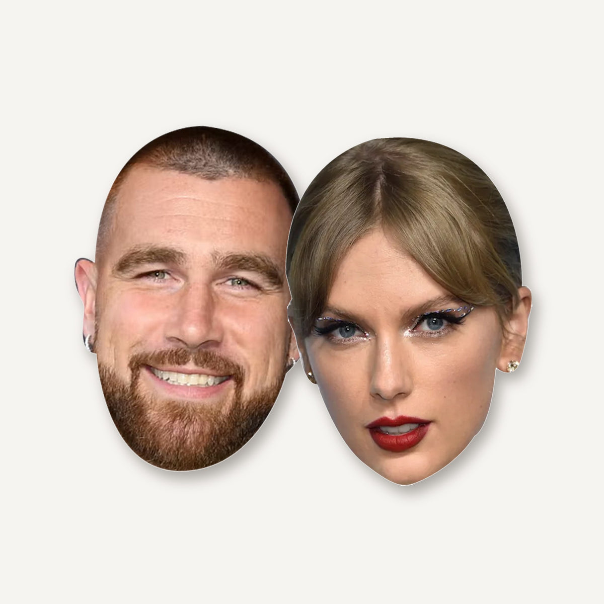 Travis Kelce and Taylor Swift face masks, a celebrity couple pair of printed card masks side by side