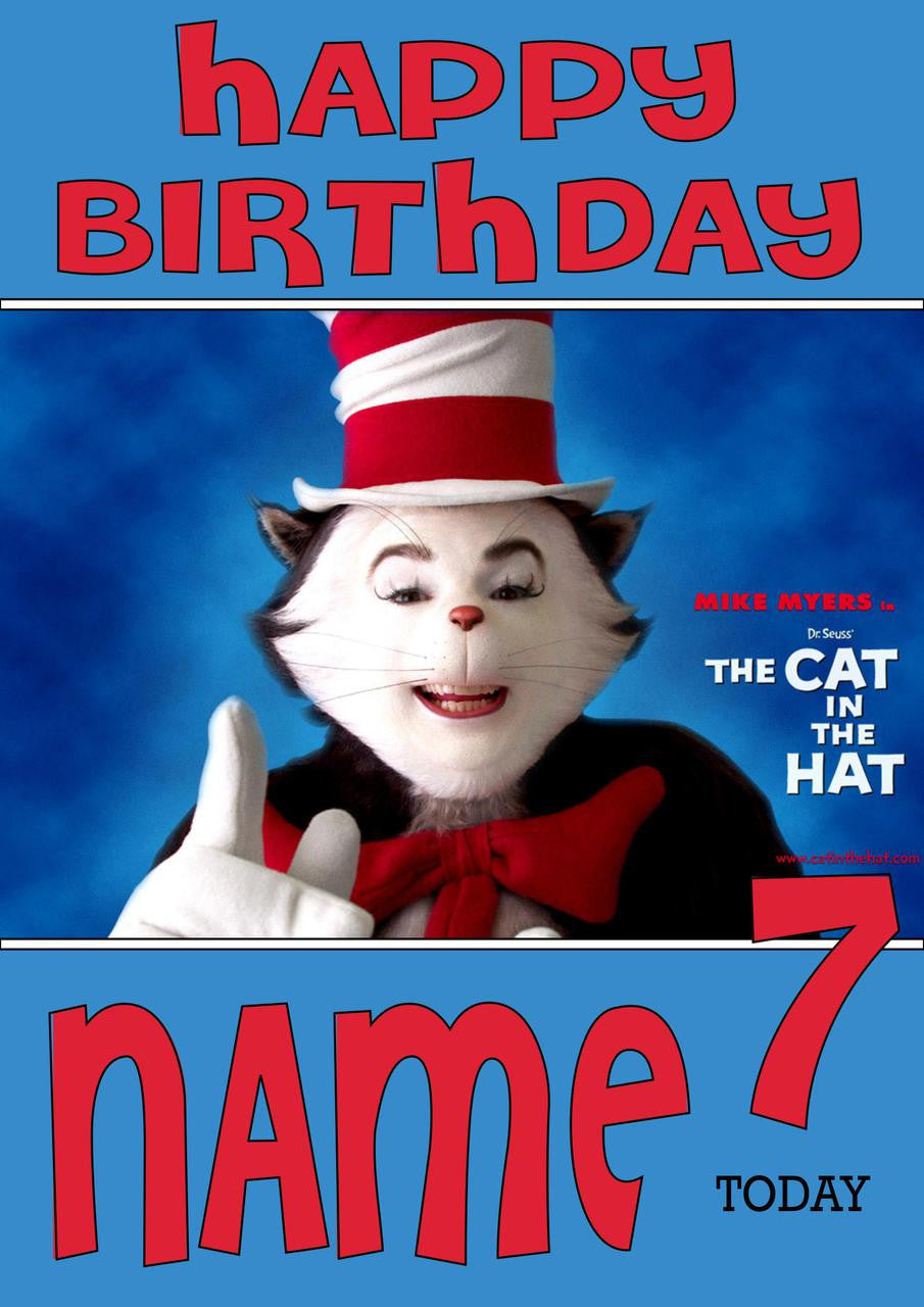 THEME INSPIRED Kids Adult Personalised Birthday Card Cat In The Hat Bi