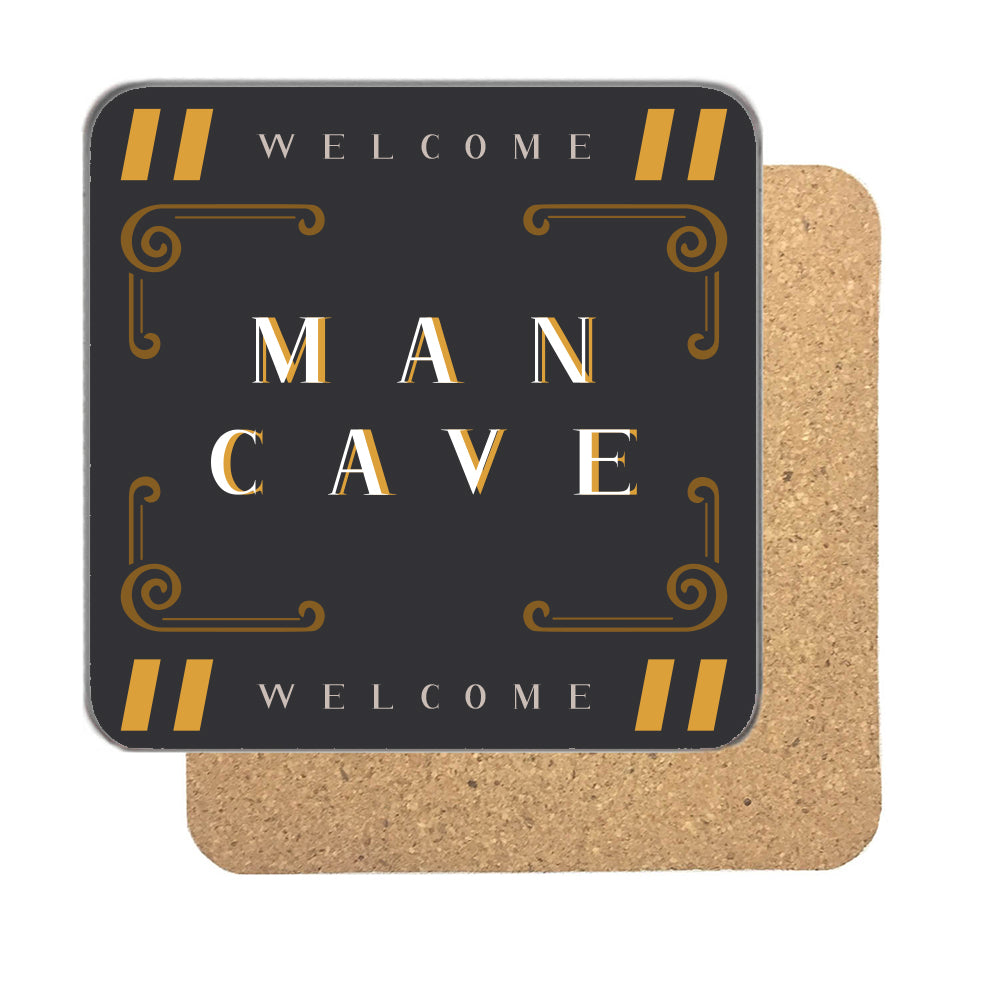 Personalised man cave coaster in slate grey with gold stripes and a name’s Cave in white capitals