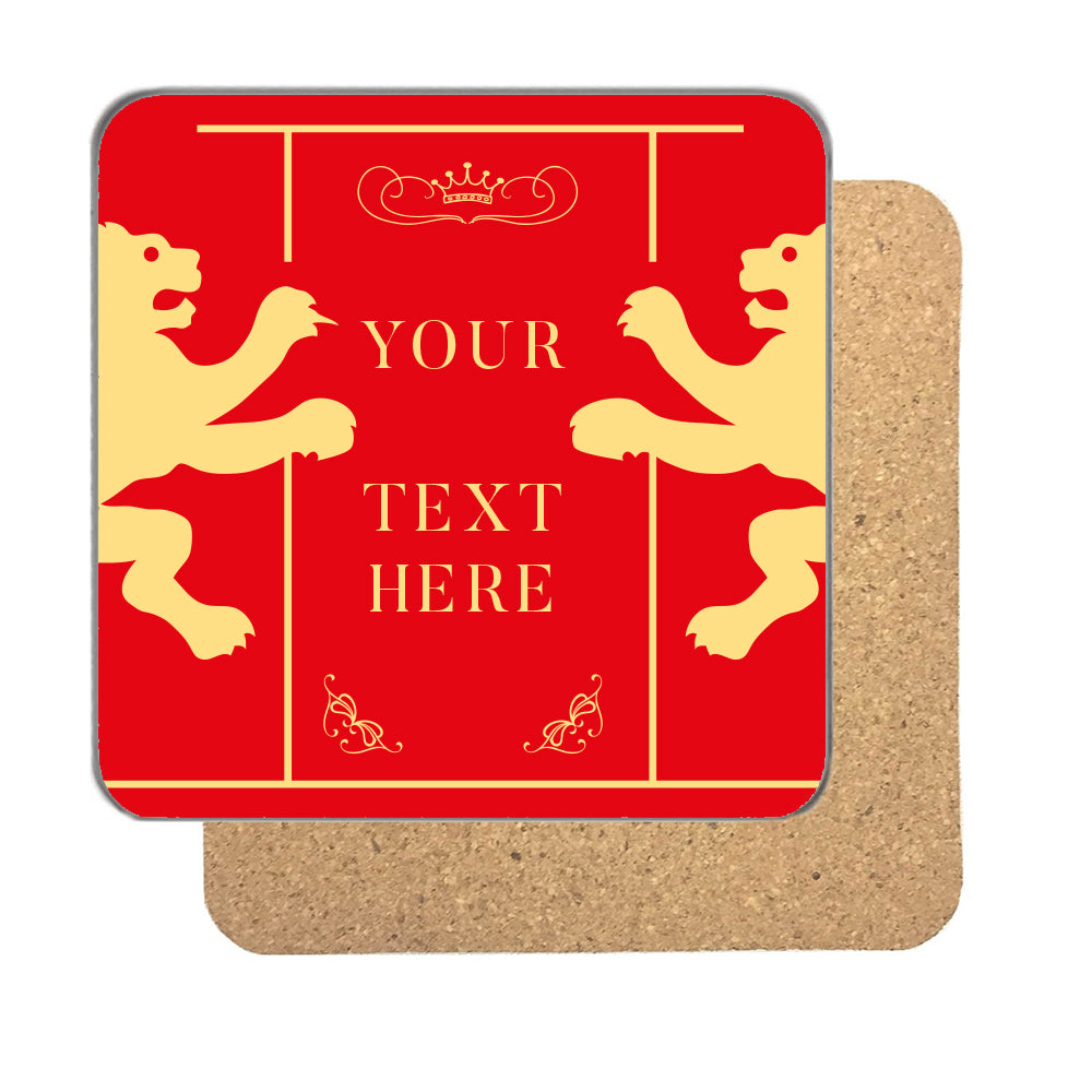 Personalised golden lions coaster in bold red with two gold lions and three lines of your own text
