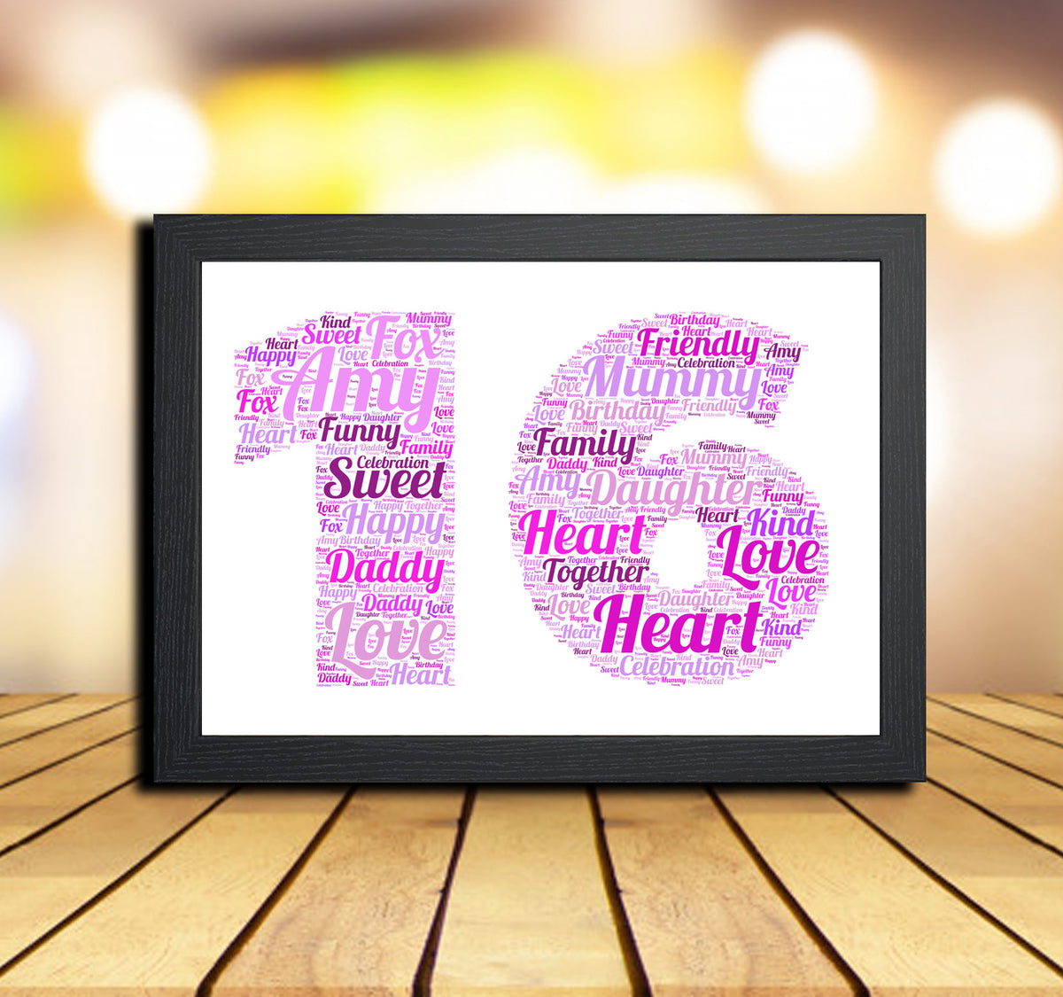 Personalised Pink Word Art Poster Print Number 16 – A4 Print + Black Frame