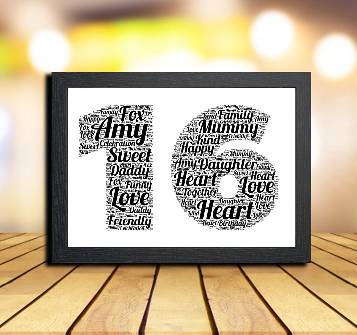 Personalised Black Word Art Poster Print Number 16 – Personalised 16th birthday word art print in a black frame