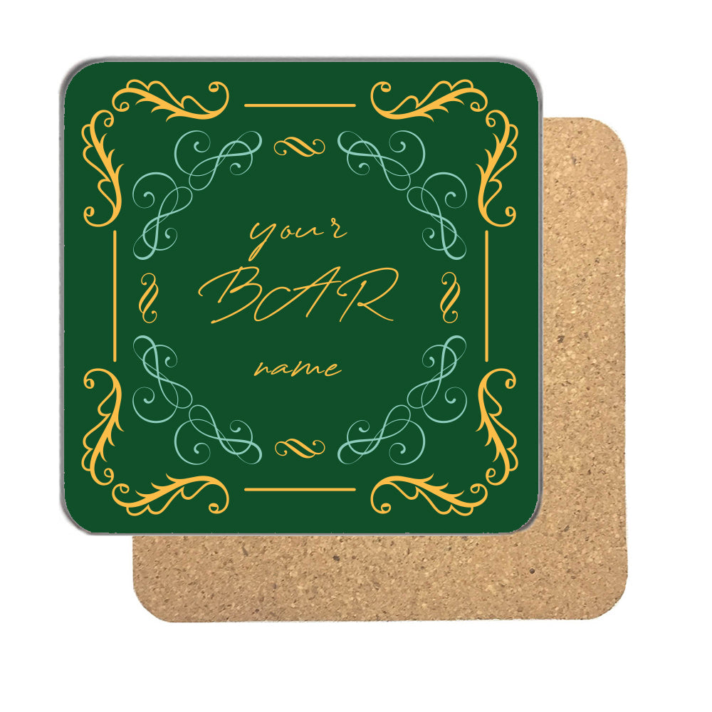 Personalised Bar Coaster – Emerald Flourish Design – Your Name & Est. Year – 90mm Drinks Coaster – Personalised bar coaster in emerald green with gold flourishes and a name, Bar and est. year in gold script