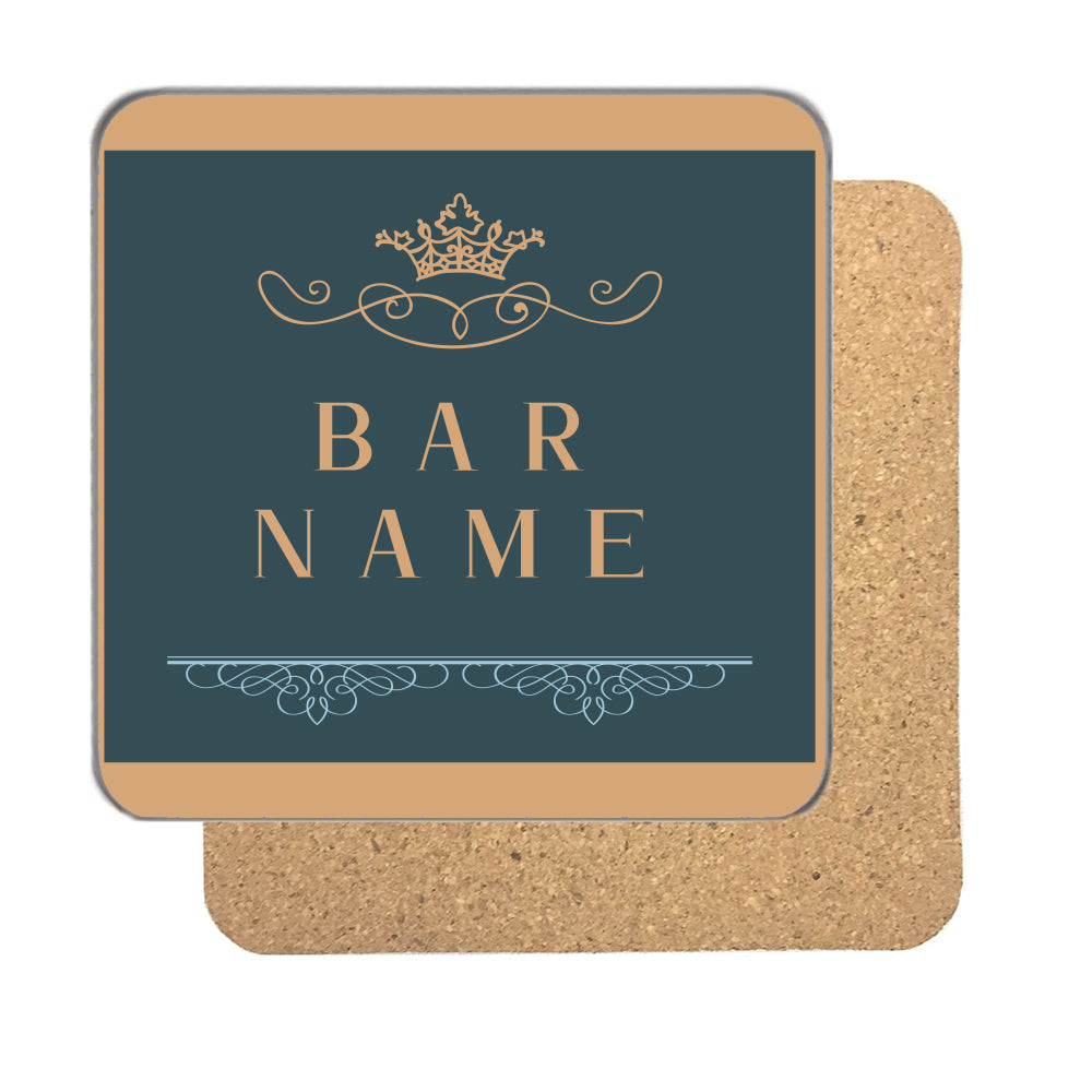 Personalised Bar Name Coaster – Crown & Copper Design – 90mm Drinks Coaster for a Home Pub – Personalised bar name coaster in slate blue with a copper crown and a bar name in wide copper capitals