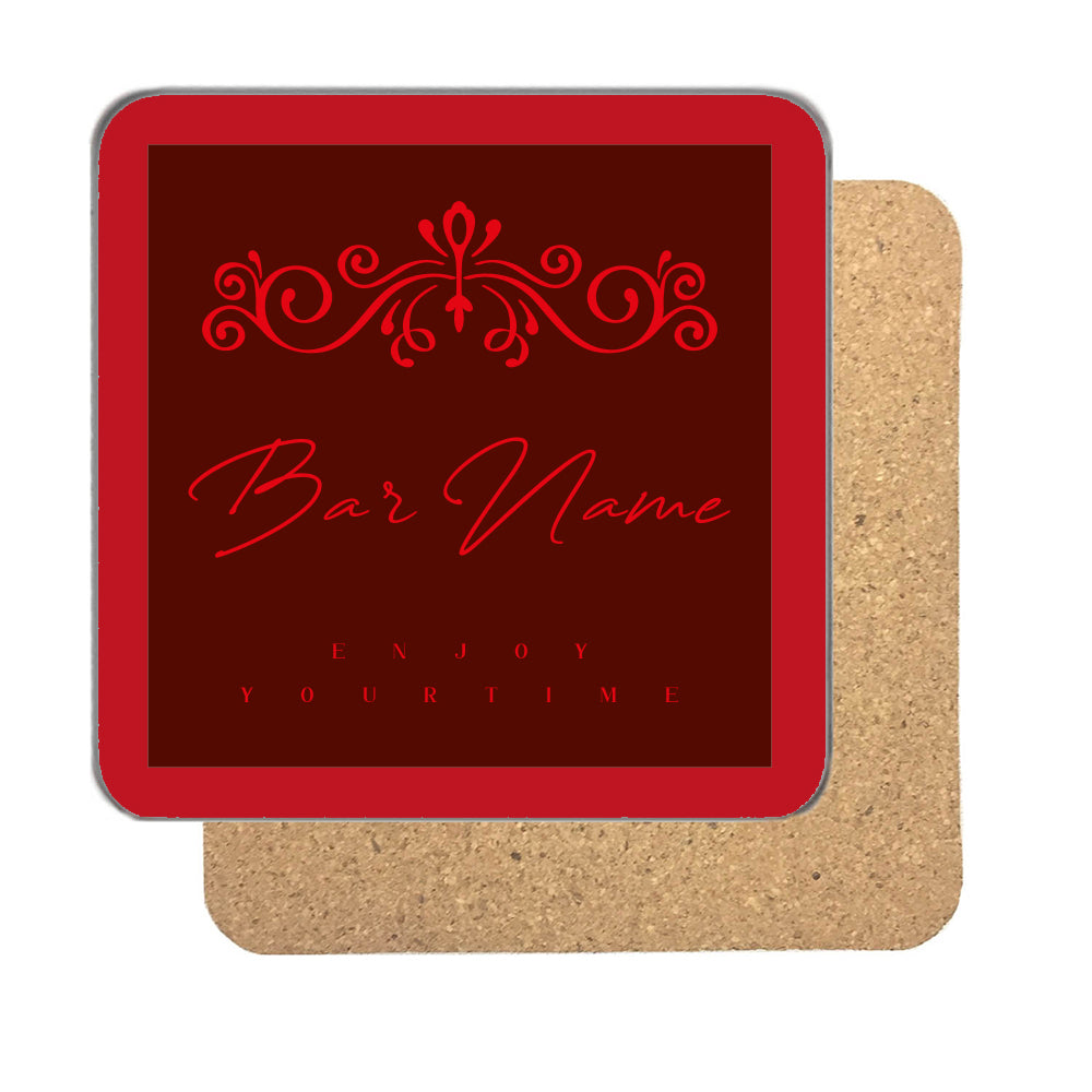 Personalised Bar Name Coaster – Ruby Script Design – Enjoy Your Time – 90mm Drinks Coaster – Personalised ruby script bar coaster in deep red with a bar name in flowing script and Enjoy Your Time below