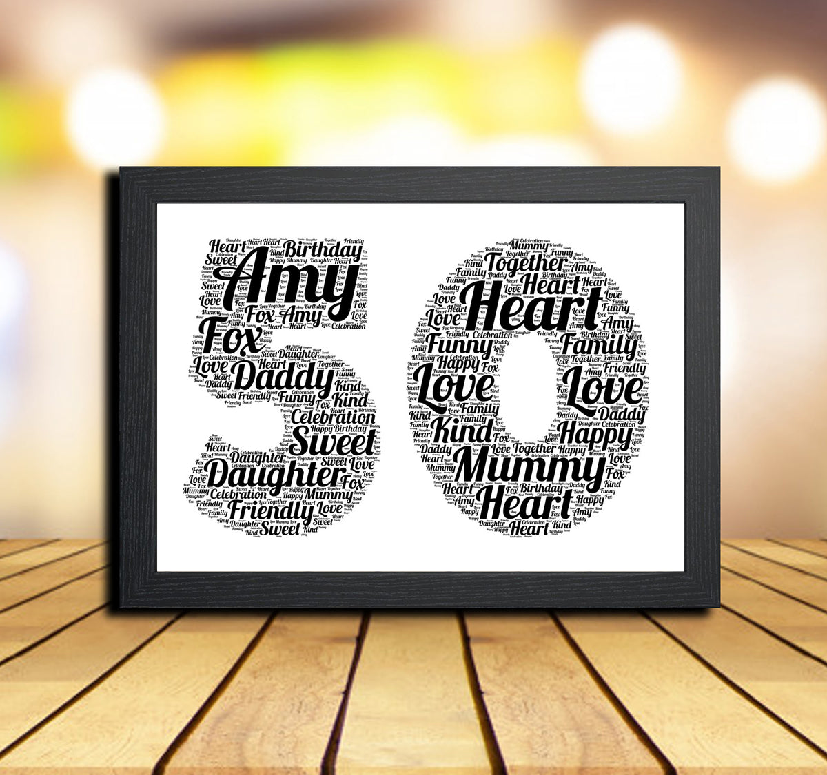 Personalised Black Word Art Poster Print Number 50 – Personalised 50th birthday word art print in a black frame