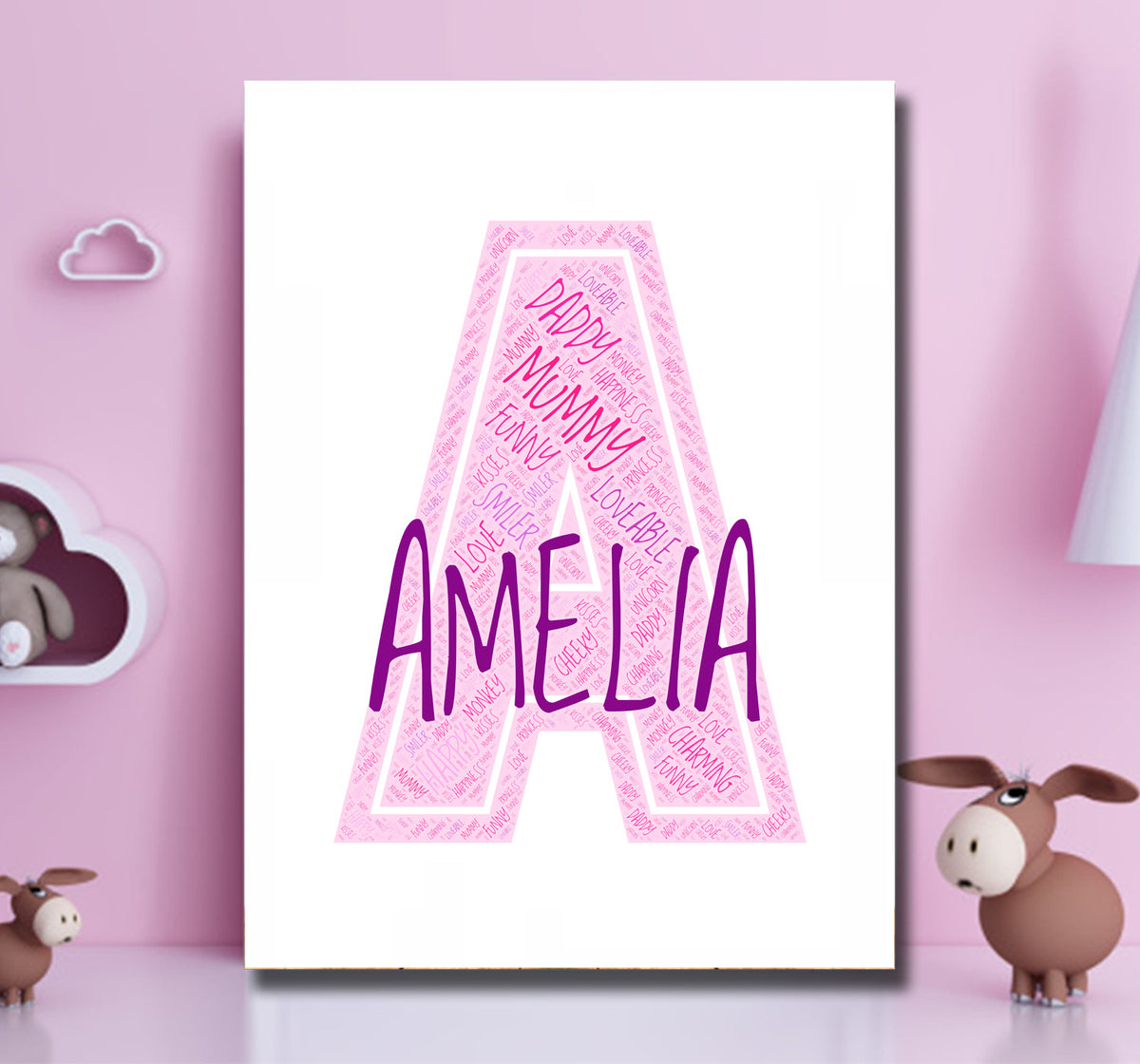 Personalised Name Word Art Poster Print Pink Letter A β Personalised name word art print, pink letter A, print only