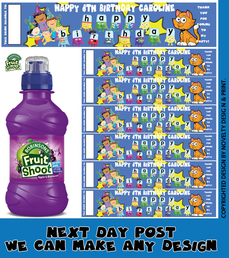 Alphabet Blue Inspired Theme Personalised Party Fruit Shoot Label Sticker