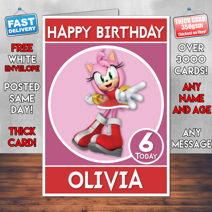Amy 2 Sonic Inspired Theme Personalised Kids Inspired Birthday Card (SA060917) – Amy 2 Sonic Inspired Theme Personalised Birthday Card – personalised Birthday Card