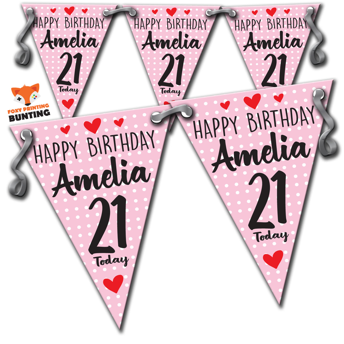 B18 21th Birthday Pink Polka Dot Personalised Bunting Premium Party Decorations (Standard Bunting (14.8cm X 21cm)) – B18 21th Birthday Pink Polka Dot Personalised Bunting
