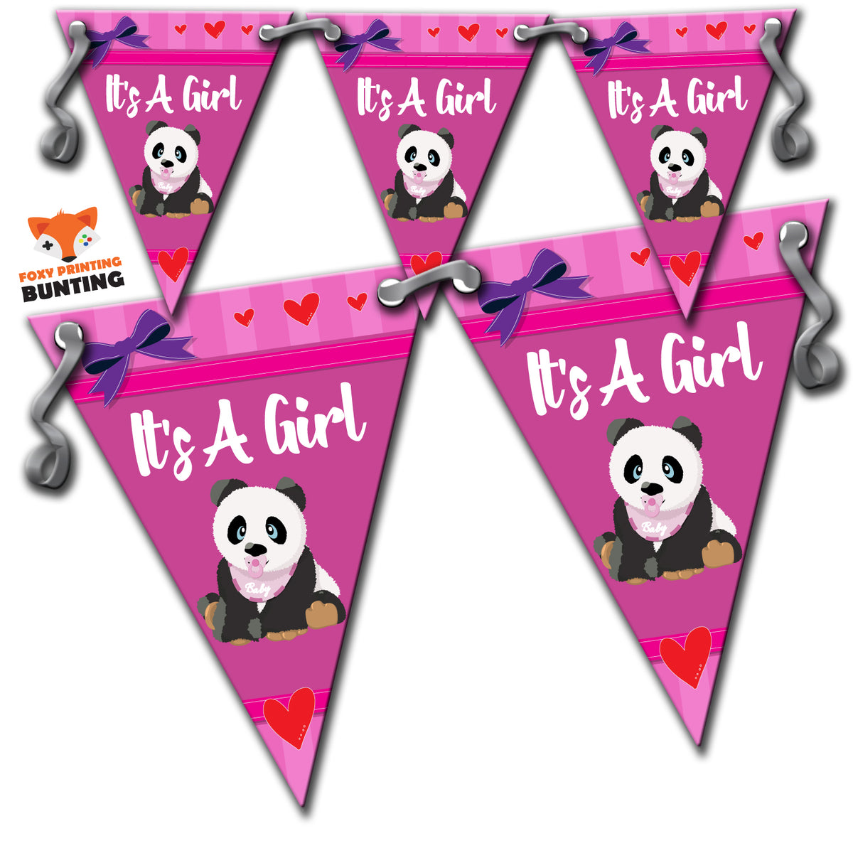 B69 Pink Its A Girl Bunting Panda 1 Personalised Custom Bunting Premium Party Decorations (Standard Bunting (14.8cm X 21cm)) β B69 Pink Its A Girl Bunting Panda 1 Personalised Custom Bunting