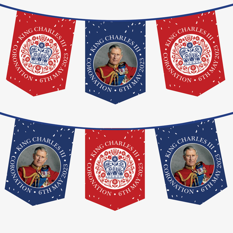 King Charles Coronation Bunting - Red Logo Blue Image Mixed Pennants - 3 Metres - 6 Metres