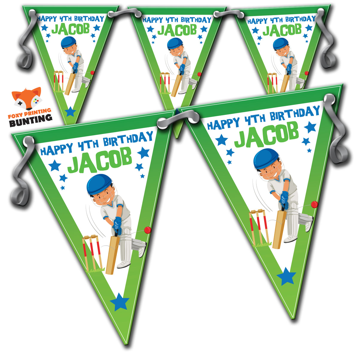Boys CRICKET BUNTING 4 Personalised Custom Bunting Premium Party Decorations (Standard Bunting (14.8cm X 21cm)) β Boys Cricket Bunting 4 Personalised Custom Bunting