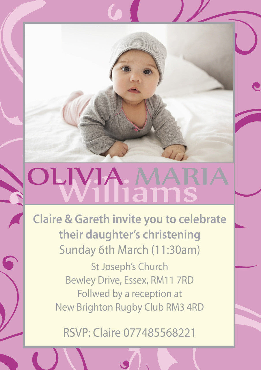 10 X Personalised Printed Baby Girl Christening INSPIRED STYLE Invites – 10 X Personalised Printed Baby Girl Christening Invites