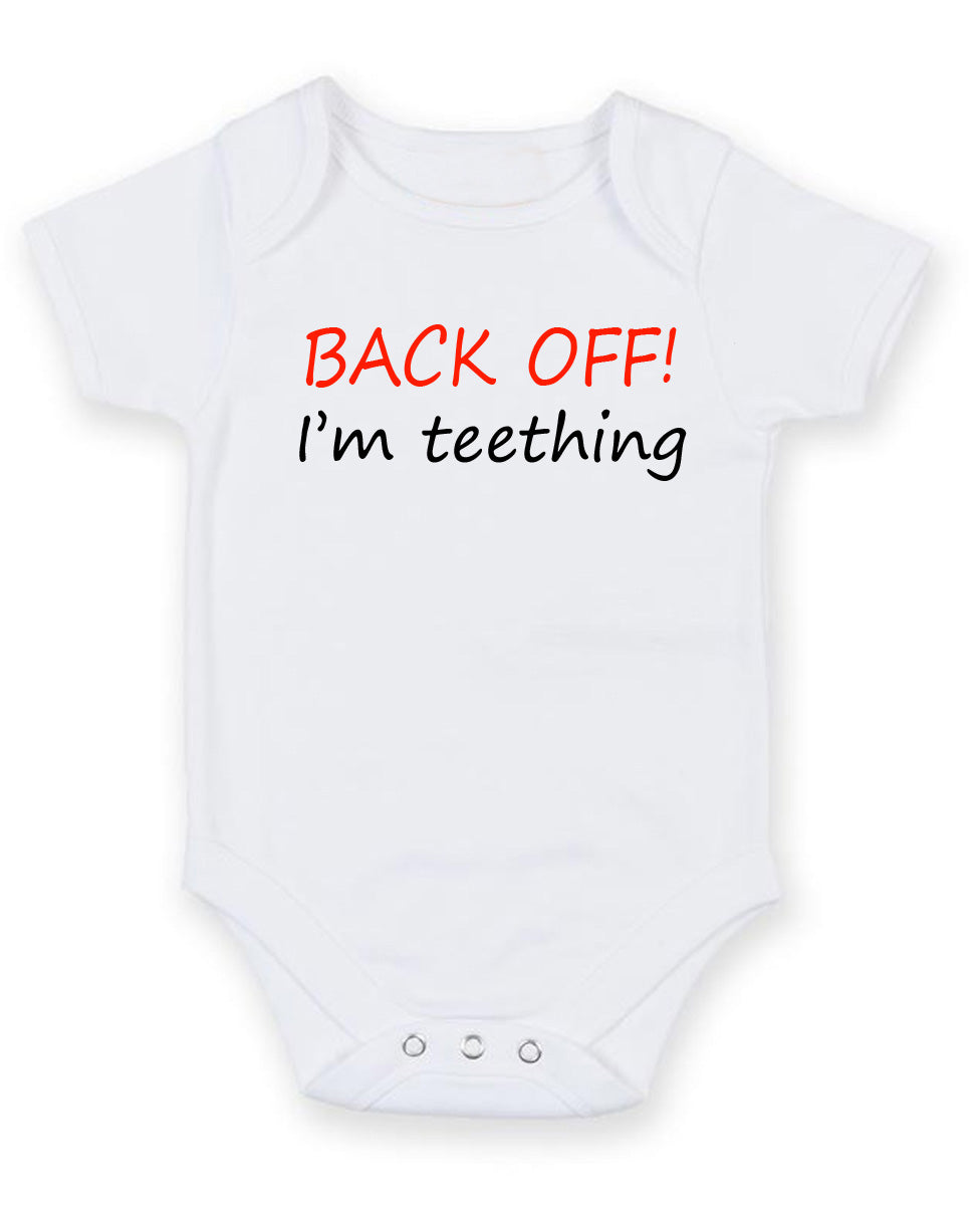 Back Off I Am Teething Personalised Baby Boy Girl Unisex Short Sleeve Bodysuit