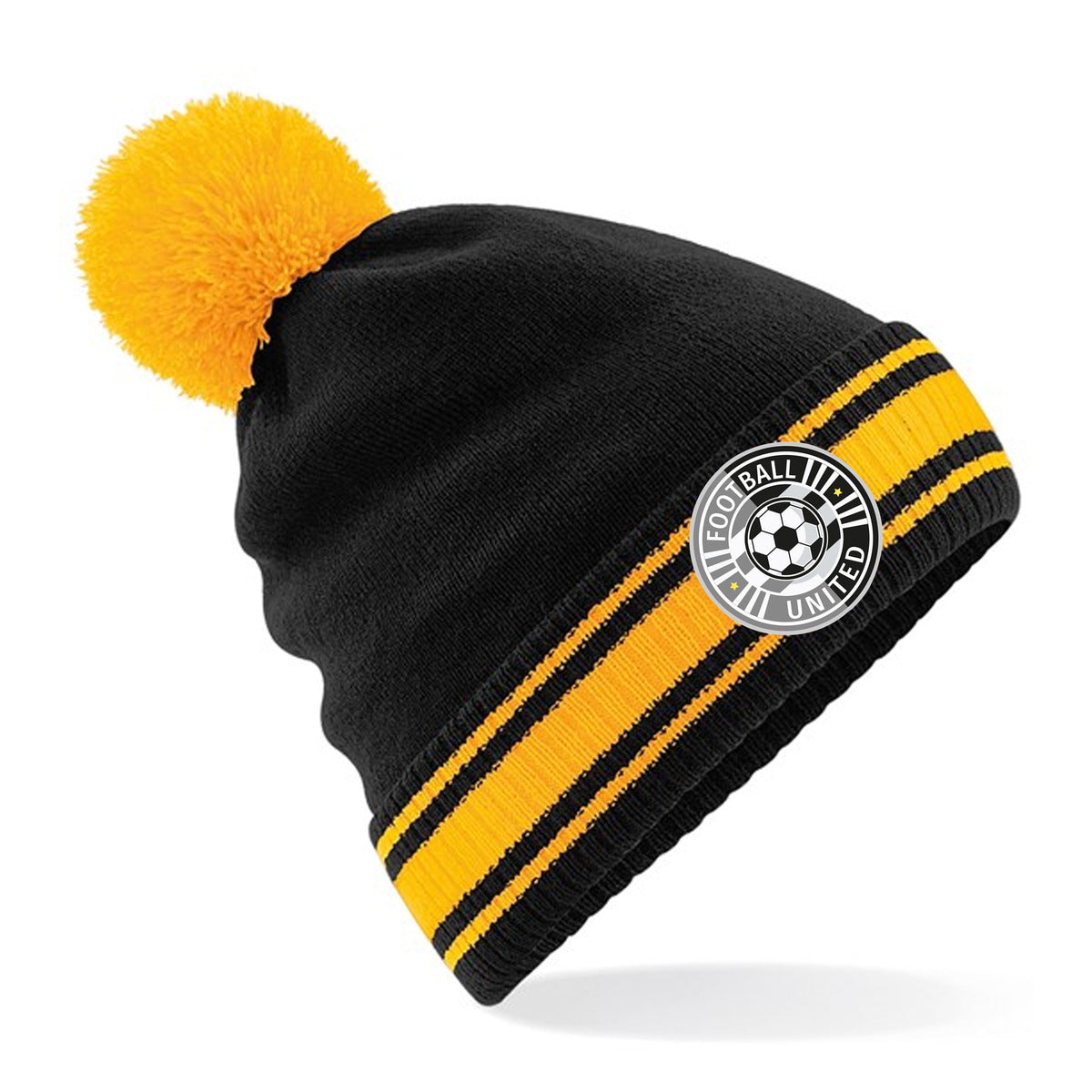 Personalised black and gold bobble hat, with a full-colour printed badge on the striped cuff