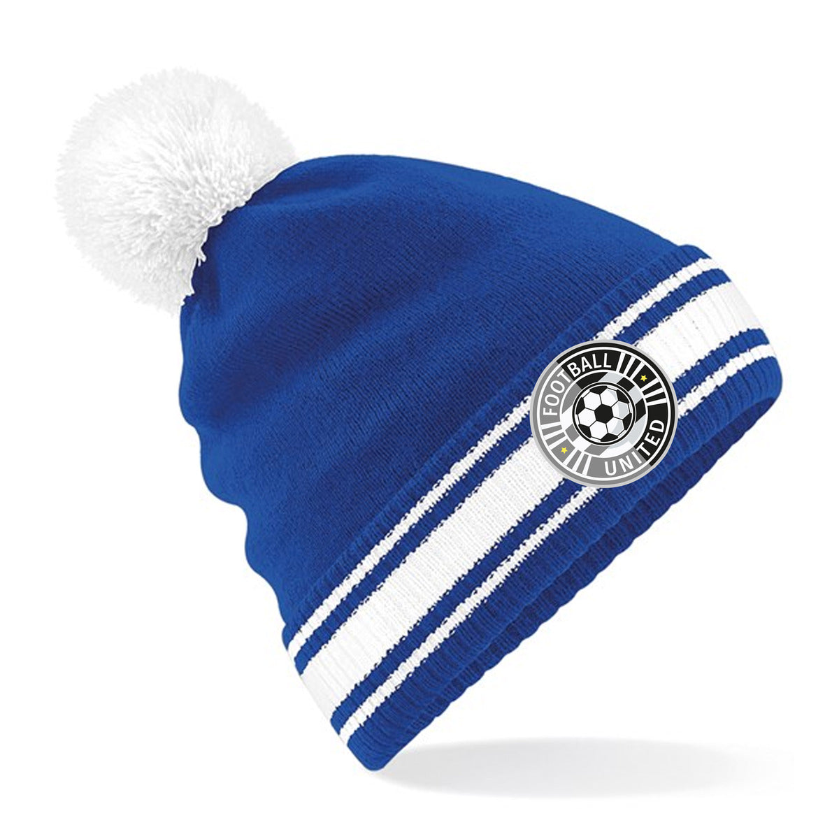 Personalised royal blue bobble hat, with a full-colour printed badge on the striped cuff