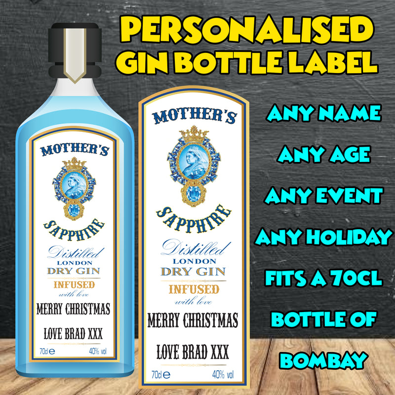 PERSONALISED Bombay Saphire Gin Bottle Label - custom name bottle lables