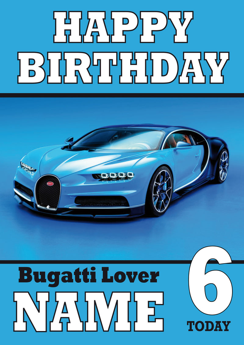 Personalised Bugatti Sports Car THEME INSPIRED Style PERSONALISED Kids Adult FUNNY Birthday Card