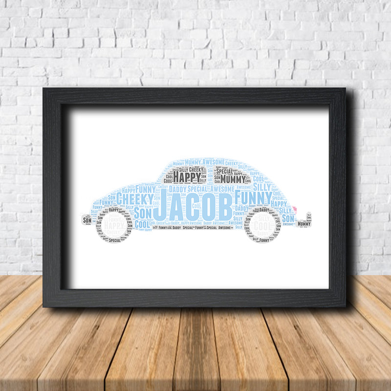 Personalised Car 3 Word Art Poster Print – Personalised car word art print in a black frame