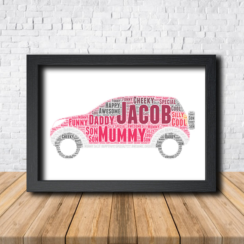 Personalised Car 5 Word Art Poster Print – Personalised car word art print in a black frame