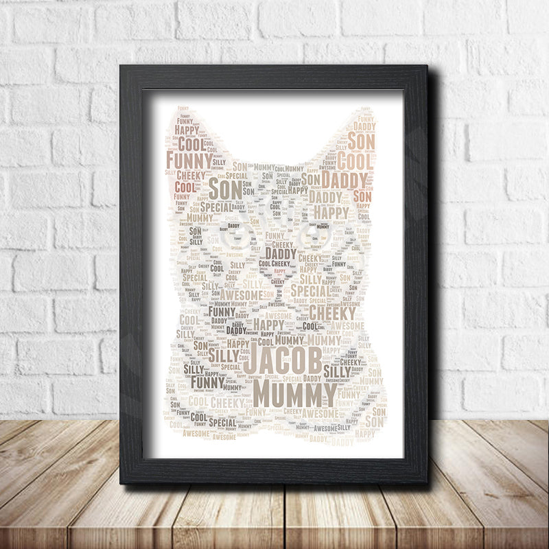 Personalised Cat 2 Word Art Poster Print β Personalised cat word art print in a black frame