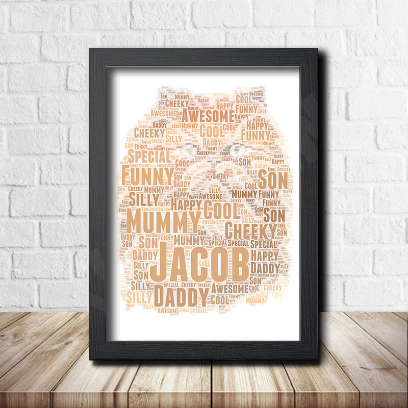 Personalised Cat 3 Word Art Poster Print β Personalised cat word art print in a black frame