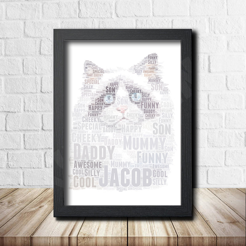 Personalised Cat 6 Word Art Poster Print β Personalised cat word art print in a black frame