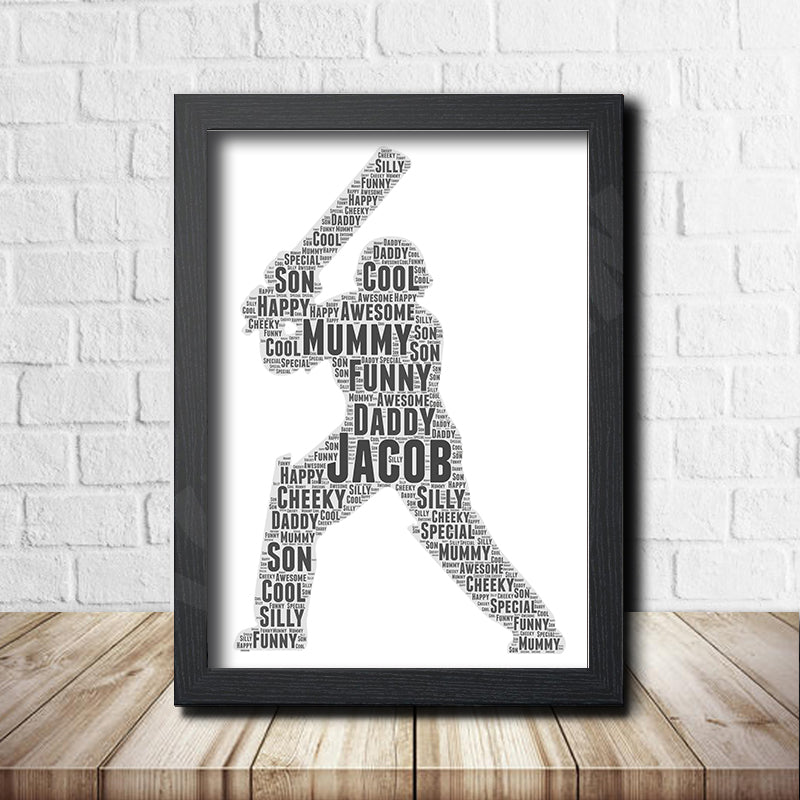 Personalised cricket word art print in a black frame