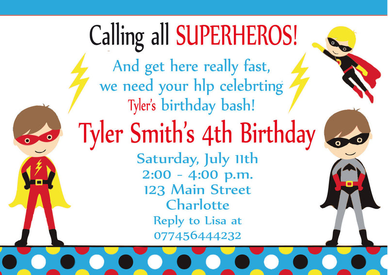 10 X Personalised Printed Calling All Superheros 5 INSPIRED STYLE Invites