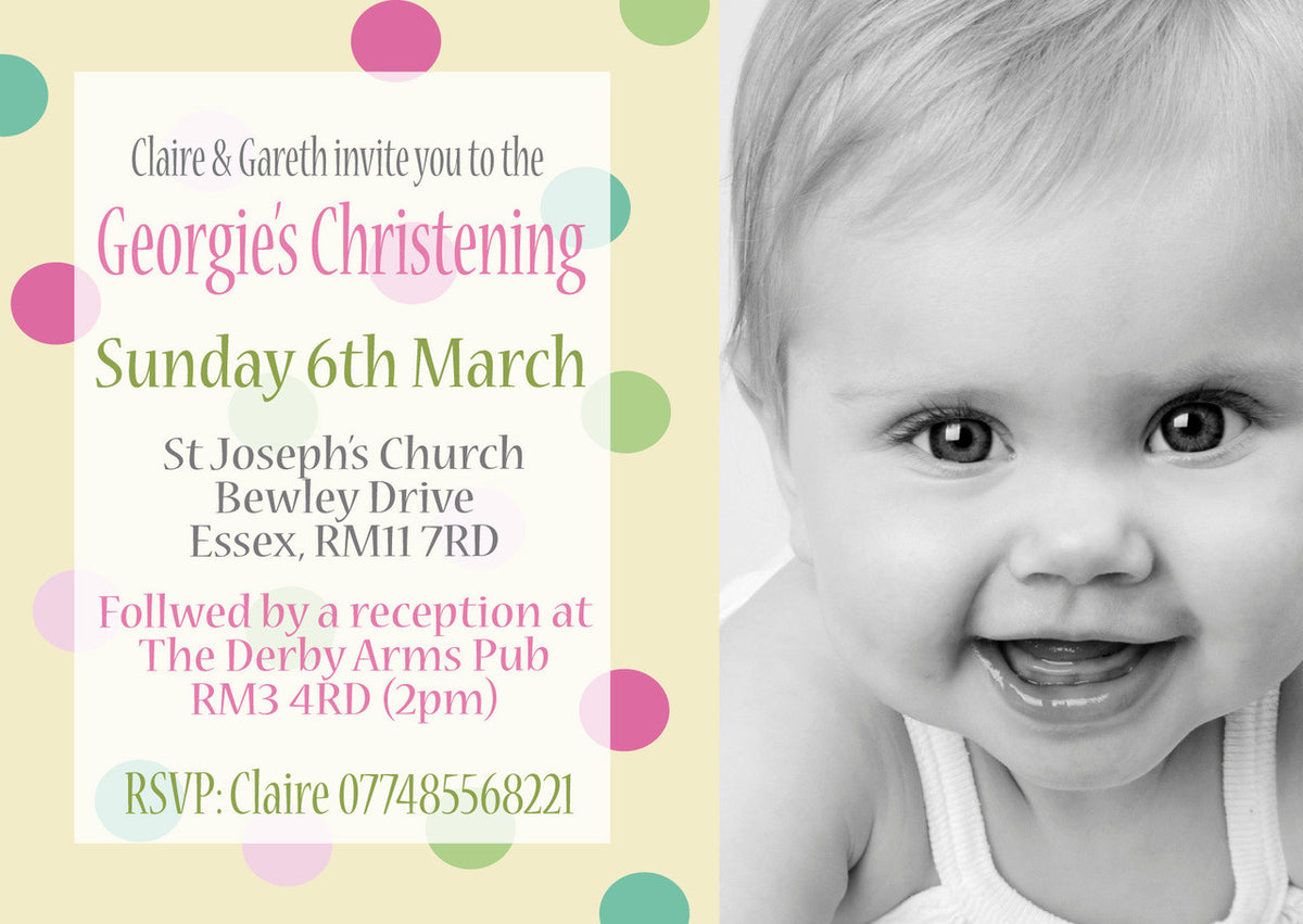 10 X Personalised Printed Christening Spotty INSPIRED STYLE Invites – 10 X Personalised Printed Christening Spotty Invites