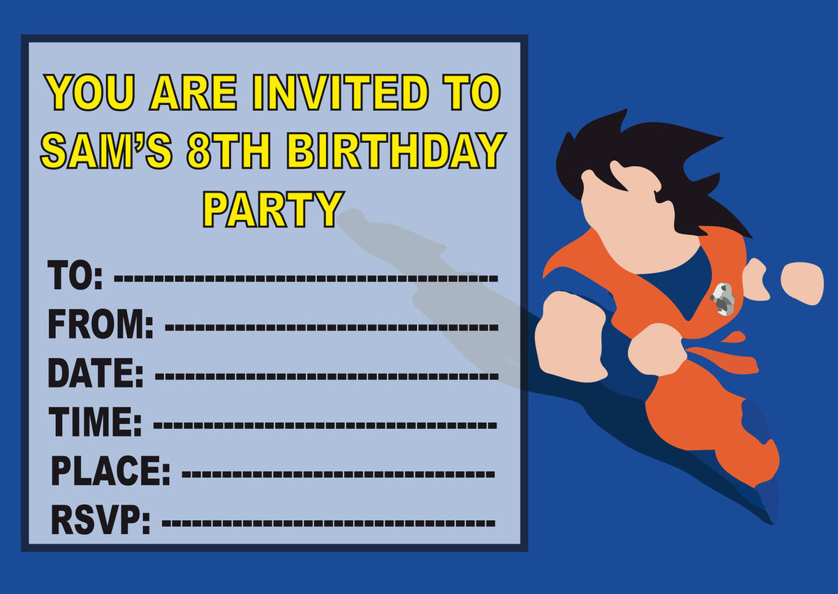 10 X Personalised Printed Boys DBZ Goku INSPIRED STYLE Invites – 10 X Personalised Printed Boys DBZ Goku Invites