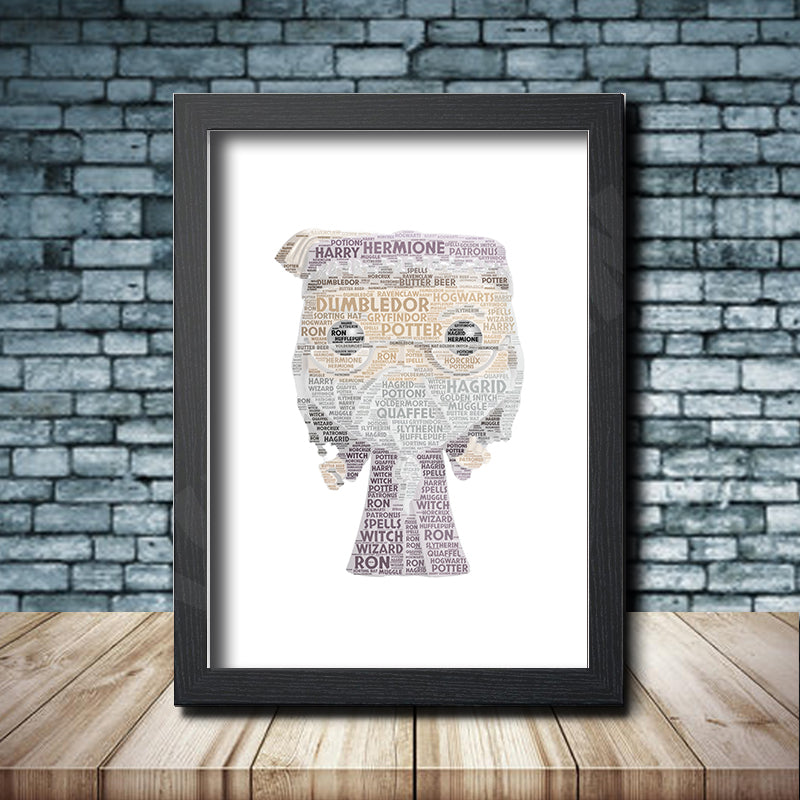 Personalised Dumbledor Word Art Poster Print - Inspired By Pop Figures β Personalised pop figure word art print inspired by Albus Dumbledore in a black frame