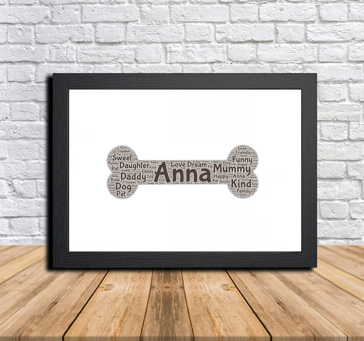 Personalised Dog Bone 1 Word Art Poster Print β Personalised dog bone word art print in a black frame
