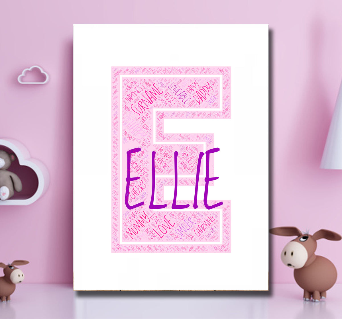 Personalised Name Word Art Poster Print Pink Letter E – Personalised name word art print, pink letter E, print only