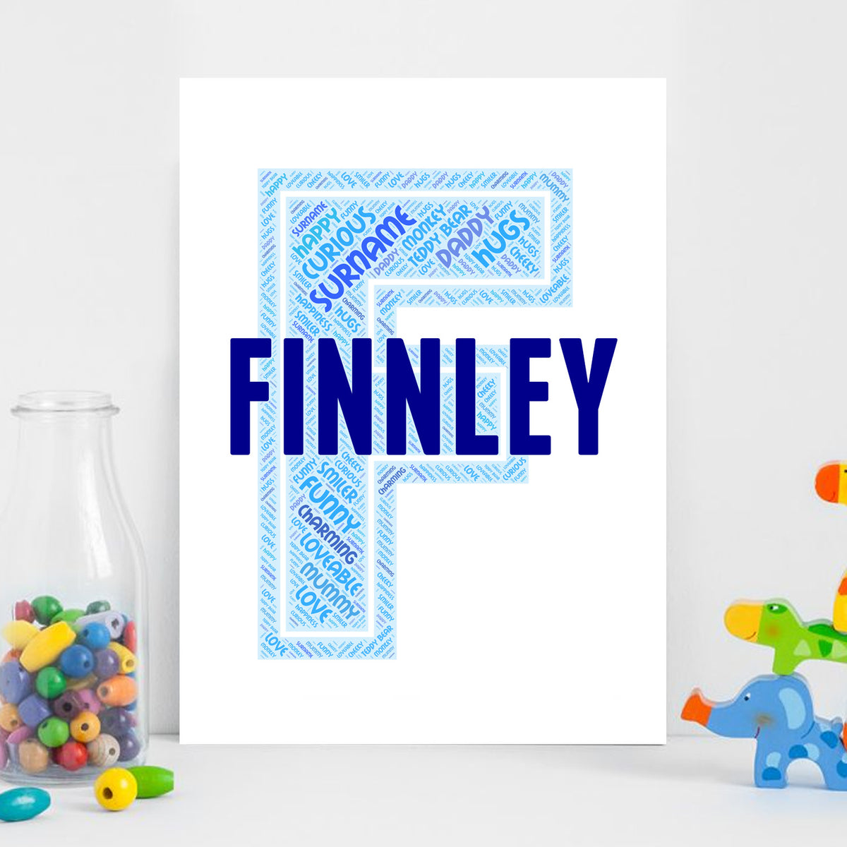 Personalised Name Word Art Poster Print Blue Letter F – Personalised name word art print, blue letter F, print only