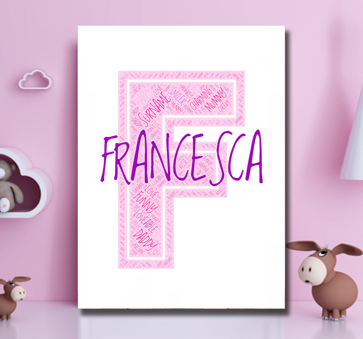 Personalised Name Word Art Poster Print Pink Letter F – Personalised name word art print, pink letter F, print only