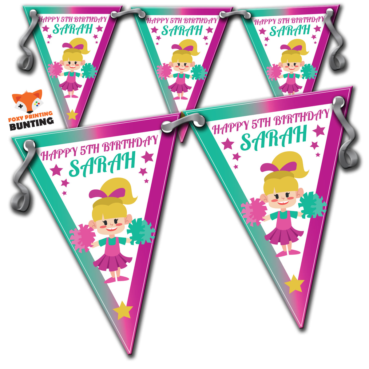 GIRLS CHEERLEADING PARTY BUNTING 3 Personalised Custom Bunting Premium Party Decorations (Standard Bunting (14.8cm X 21cm)) – Girls Cheerleading Party Bunting 3 Personalised Custom Bunting