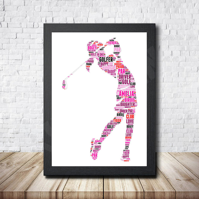 Personalised Golfer Girl 2 Word Art Poster Print – A4 Print + Black Frame