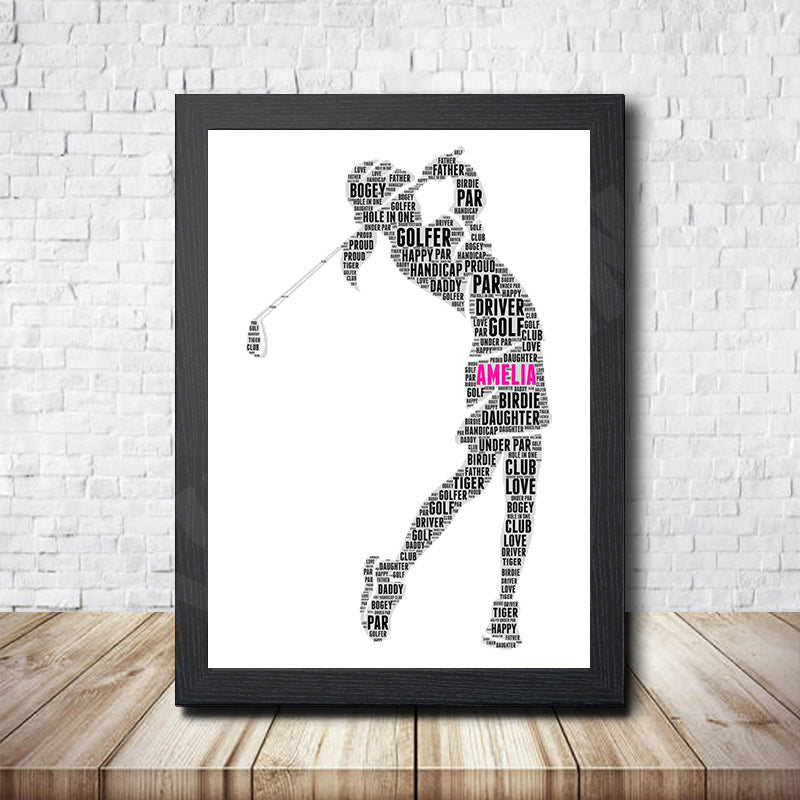 Personalised Golfer Girl Word Art Poster Print – A4 Print + Black Frame