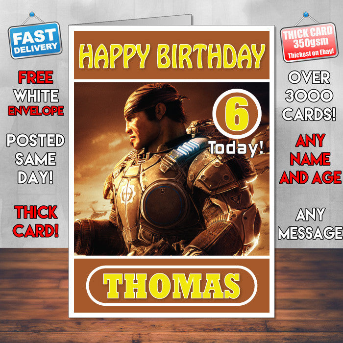 Personalised Gears Of War 1 Inspired Style Game Kids Inspired Birthday Card (SA) – Personalised Gears Of War 1 Game Birthday Card