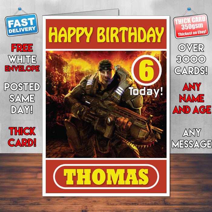 Personalised Gears Of War 2 Inspired Style Game Kids Inspired Birthday Card (SA) β Personalised Gears Of War 2 Game Birthday Card