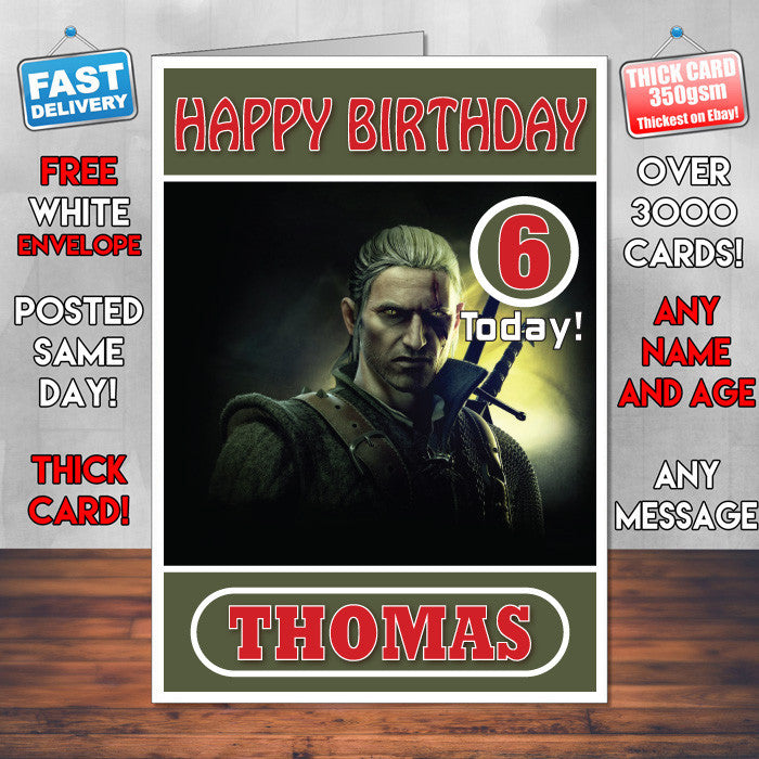 Personalised Geralt Of Rivia The Witcher Inspired Style Game Kids Inspired Birthday Card (SA) – Personalised Geralt Of Rivia The Witcher Game Birthday Card