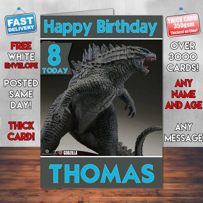 Godzilla Statue Theme Style Personalised Kids Inspired Movie Birthday Card (SA)