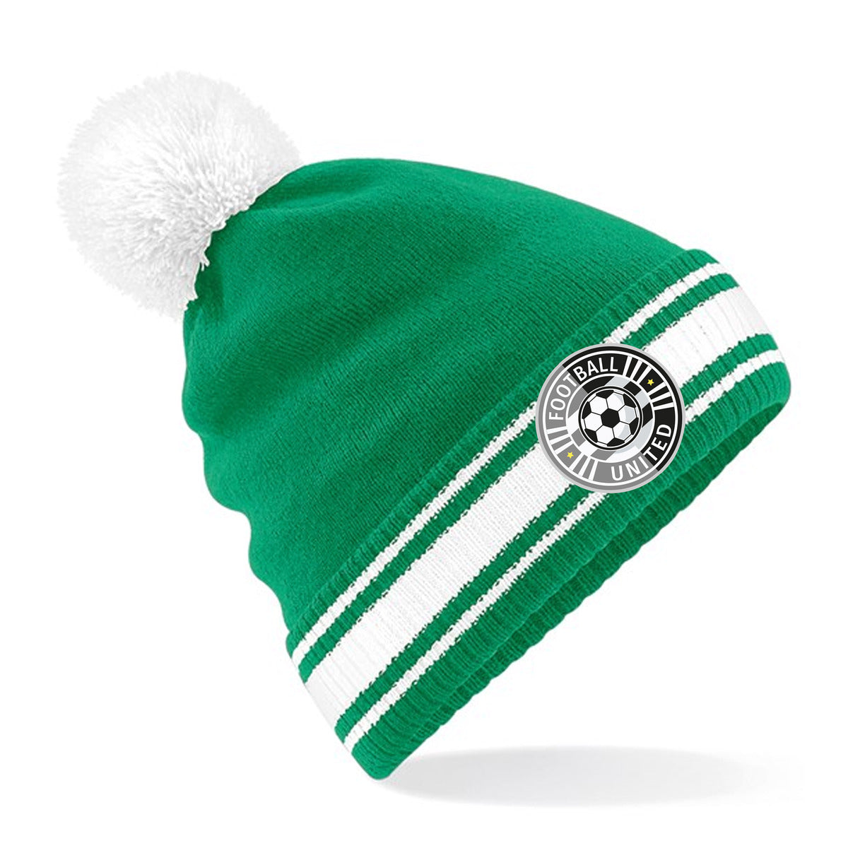 Personalised green and white bobble hat, with a full-colour printed badge on the striped cuff