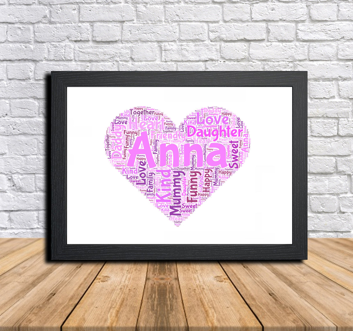 Personalised Heart 1 B Word Art Poster Print – Personalised heart word art print in a black frame