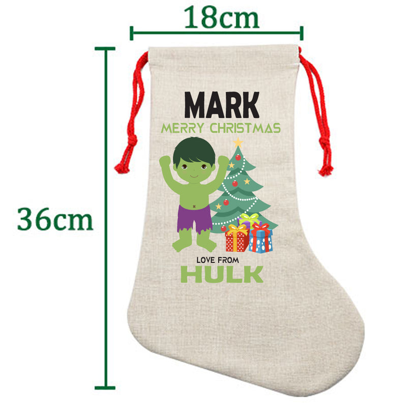 PERSONALISED Cartoon Inspired Super Hero GREEN MONSTER MARK HIGH QUALITY Large CHRISTMAS STOCKING - Any Name you want!