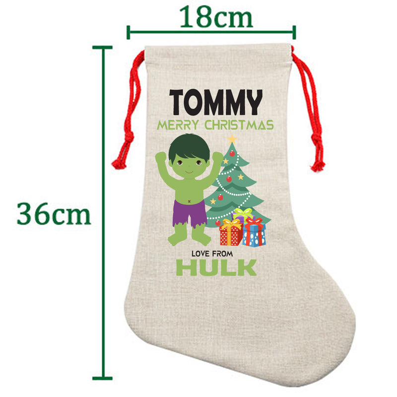 PERSONALISED Cartoon Inspired Super Hero GREEN MONSTER TOMMY HIGH QUALITY Large CHRISTMAS STOCKING - Any Name you want!