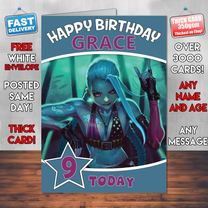 Jinx League Of Legends Game Inspired Theme Personalised Kids Inspired Birthday Card (SA060917) β Jinx League Of Legends Game Inspired Theme Personalised Birthday Card β personalised Birthday Card