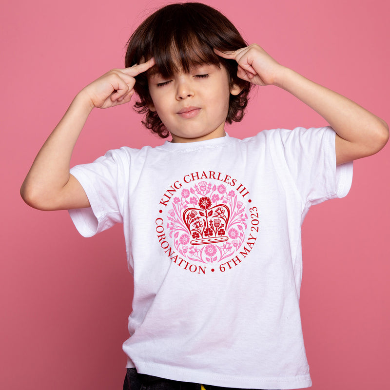 King Charles III Coronation Plain Pink Official Logo Adult Tee T Shirt Unisex Kids - T Shirt For Coronation